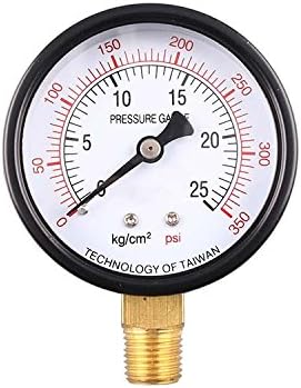 Industrial Pressure Gauge,Black Steel Case Dual Scale Pressure Gauge with Brass Internals, 0-350 psi,0-25 kg/cm2, 2-1/2" Dial Display, -3-2-3% Accuracy, 1/4" NPT,Bottom Mount.