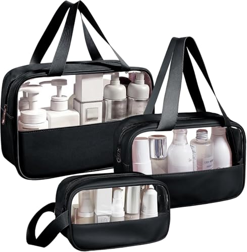 Image of KBS Toiletry Kit Cosmetic Makeup Storage Organizer Clear Styilish Wash Bag Pouch Set of 3 for Travel Luggage Transparent with Metal Zipper Gift for Men Women Girls (Black)