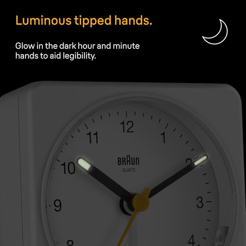 Braun Classic Analogue Alarm Clock with Snooze and Light, Quiet Quartz Sweeping Movement, Crescendo Beep Alarm in White, Model BC03W. – Image 3