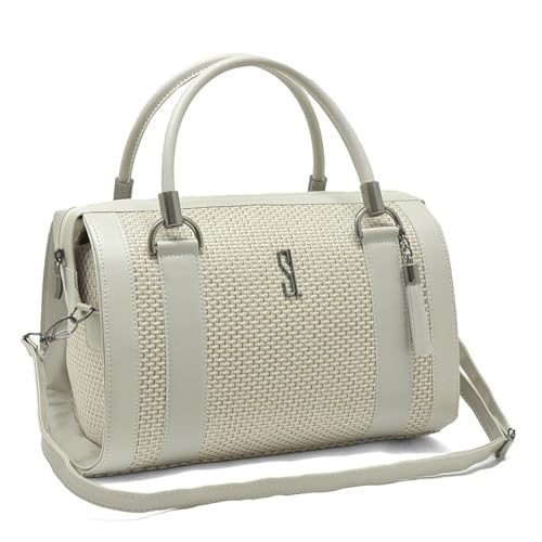 Bolsa Feminina Baú Bicolor Focus Palha Tiracolo Transversal Ajustável Estruturada Casual Moderna (OffWhite)