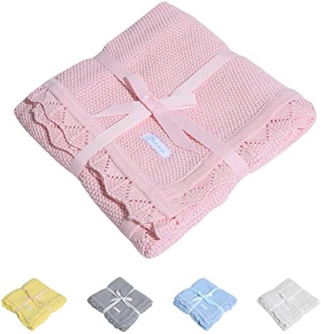 100% Cotton Baby Blanket Knit Lace Soft Warm Toddler Blanket, 30 x 40 Inches, Pink