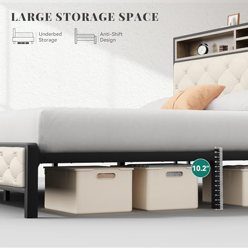 YITAHOME Queen Size Platform Bed Frame with 45.2'' Tall Headboard, Upholstered Storage Headboard with Charging Station, Large Under Bed Storage, No Box Spring Needed, Easy Assembly, Beige - Thumbnail 6
