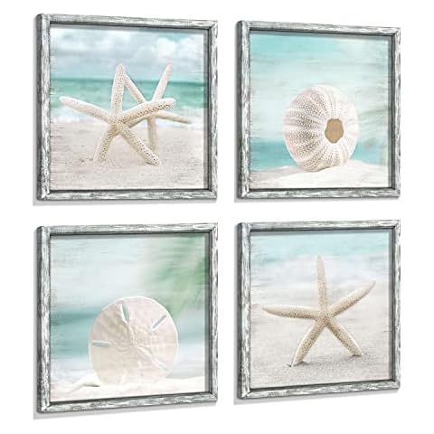 Beach Framed Wooden Wall Art: Ocean Artwork Set of 4 Starfish Seashell & Sand Dollar Pictures Prints Seascape Wall Decor for Bedroom Cover