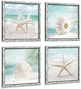 Beach Framed Wooden Wall Art: Ocean Artwork Set of 4 Starfish Seashell & Sand Dollar Pictures Pri...