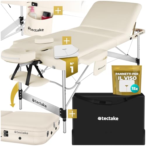 tectake® Lettino da Massaggio Pieghevole a 3 Zone, Lettino Massaggio Portatile, Lettino Estetista con Poggiatesta e Poggiapiedi Regolabili - Larghezza senza braccioli: 78 cm, Beige