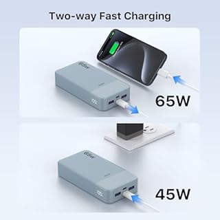 JUOVI 65W Power Bank, 20000mAh Laptop Caricatore Portatile Powerbank Ricarica Rapida Batteria Portatile Cellulare con USB C, per MacBook Dell XPS PC Portatile iPad iPhone 17 16 15 Samsung (Blu)