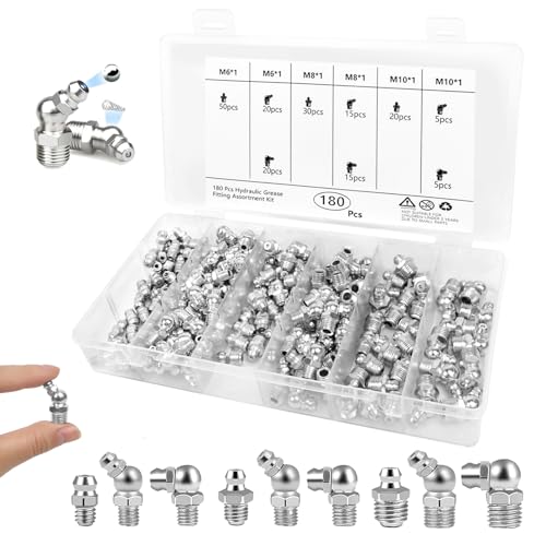 ROTKUSZ 180 Piezas Engrasadores de Grasa, Juego de Engrasador M6 M8 M10, Rectos y En Ángulo 45° 90° 180°, Surtido de Engrasadores de Niquelado, con Caja de Almacenamiento, para Coche, Barco, Tractor