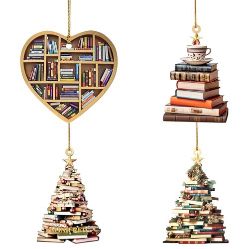 4Pcs Book Christmas Tree Ornaments, Stacked Books Ornament,Planar Christmas Tree Hanging Gift Decorations for Book Lovers