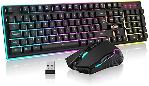 RedThunder K10 Wireless Gaming Keyboard and Mouse Combo, LED Backlit Rechargeable 3800mAh Battery, UK Layout Mechanical Feel Keyboard + 7D 3200DPI Mice for PC Gamer (Black)