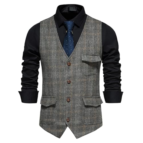 MakingDa Tweed-Weste für Herren, lässig, Vintage, kariert, Anzugweste, normale Passform, Westen mit Tasche, grau, XL