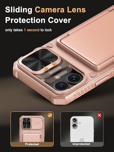 Image of Vihibii for iPhone 16 Plus Case Wallet with Card Holder (4 Cards) [RFID Blocking] & Slide Camera Cover, Military Grade Drop Protection, Rugged Back & Silicone Edge Phone Cover, 6.7 inch 2024, Rose Gold