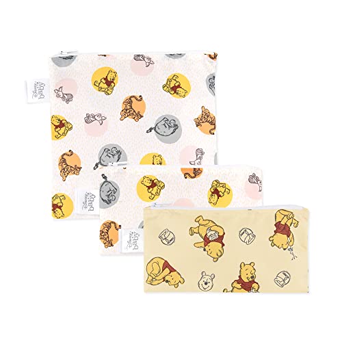 Image of Bumkins Disney Reusable Sandwich and Snack Bags, for Kids School Lunch and for Adults Portion, Washable Fabric, Waterproof Cloth Zip Bag, Travel Pouch, Food-Safe Storage, 3-pk Winnie the Pooh