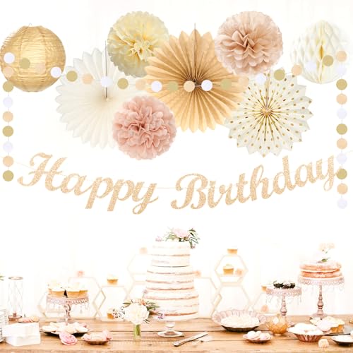 Image of Champagne-Gold Beige Fall Boho Birthday Party-Decorations - 21pcs Autumn Neutral Retro Happy Banner,Girl One Sweet Peach Paper Streamers Lanterns,Tissue Pom Poms Fan,Rustic Backdrop Decor Huglony