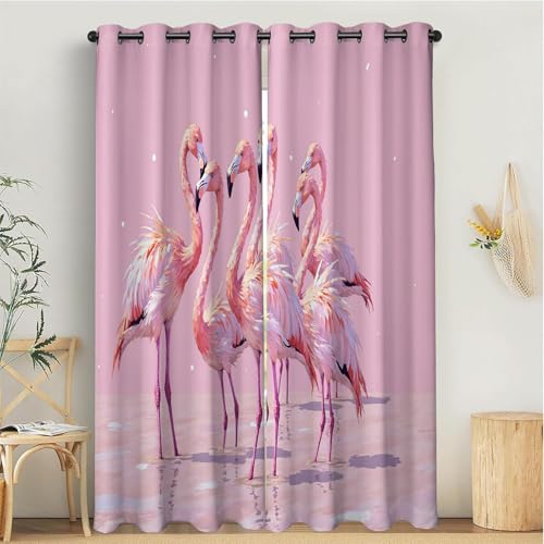 Rideaux Occultant pour Chambre, Rideau Opaque à OeilletsVolée Flamants Roses Tropicaux Isolation Thermique Rideaux de fenêtre Cœur Fille Décoration de...