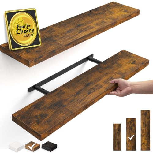 BAYKA Floating Shelves Set of 2, 35.4 inches Long Wall Mounted Rustic Wood Shelves for Bathroom, Bedroom, Living Room, Kitchen, Office, Hanging Shelf for Books/Storage/Decor, Rustic Brown
