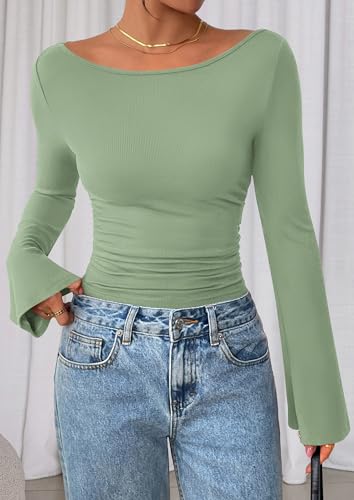 Image of PRETTYGARDEN Women Long Sleeve Shirt 2025 Crop Casual Boat Neck Bell Sleeve Ribbed Ruched Y2K Clothing