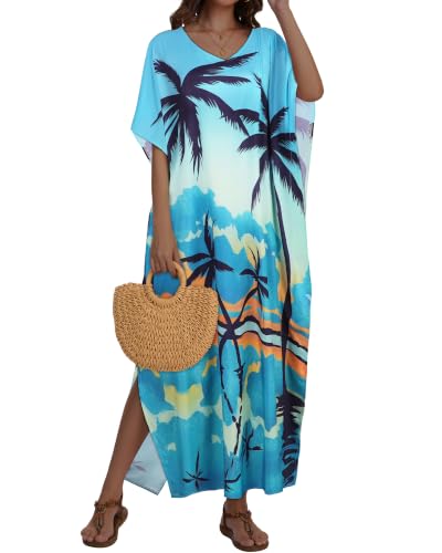 Image of Kaftan Dresses for Women V Neck Caftan Batwing Sleeve Swimsuit Cover Up | JILUVIN Plus Size Beach Swimwear Dress, Loose Fit Maxi Print Moomoo, Casual Mumu Nightgown Mrs Roper Costumes Vocation 2026