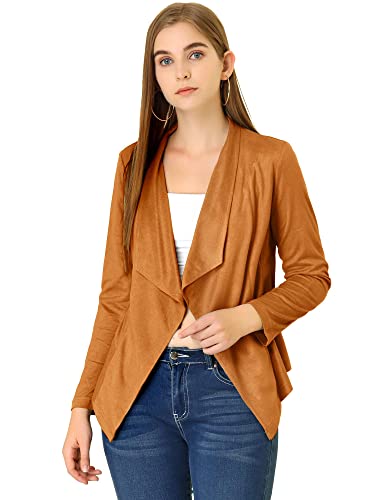 Image of Allegra K Women's Moto Faux Suede Jacket Lightweight Open Front Lapel Draped Outwear Cardigan Small Brown