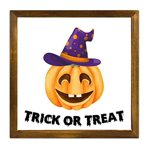 Tableau Halloween Trick or Treat sorcière citrouille déco bois vintage 30 cm