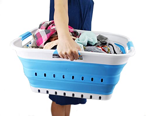 Image of SAMMART 42L (11 gallon) Collapsible Plastic Laundry Basket - Foldable Pop Up Storage Container /Organizer - Space Saving Hamper /Basket (1, White /Marine Blue)
