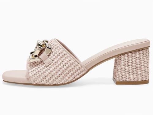 Image of Coutgo Womens Raffia Slide Sandals Chunky Block Heeled Square Open Toe Metal Chain Slip on Mules Dressy Shoes
