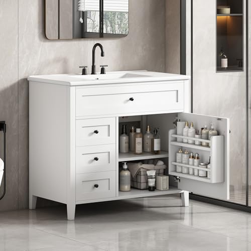 Image of 36 inch Bathroom Vanities with Top Set, Cabinet with Multi-Functional Tip-Out Drawer and Adjustable Shelf, Soft-Closing Door, Solid Wood Legs, White