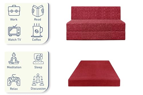 Image of Foldable 1 Seater Sofa Cum Bed, Sofa Bed 3 X 6 Feet, Jute Fabric- Washable Cover- Including One Cushion Perfect for Home & Office - Red Color