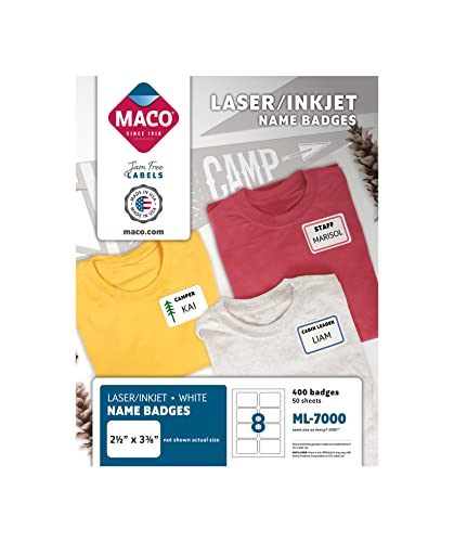 Maco Laser/Ink Jet White Name Badge Labels, 2-1/3" X 3-3/8", 8 Per Sheet, 400 Per Box (Ml-7000) #TOP17