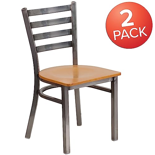 Flash Furniture 2 Pack HERCULES Series Clear Coated Ladder Back Metal Restaurant Chair - Natural Wood Seat - Thumbnail 4