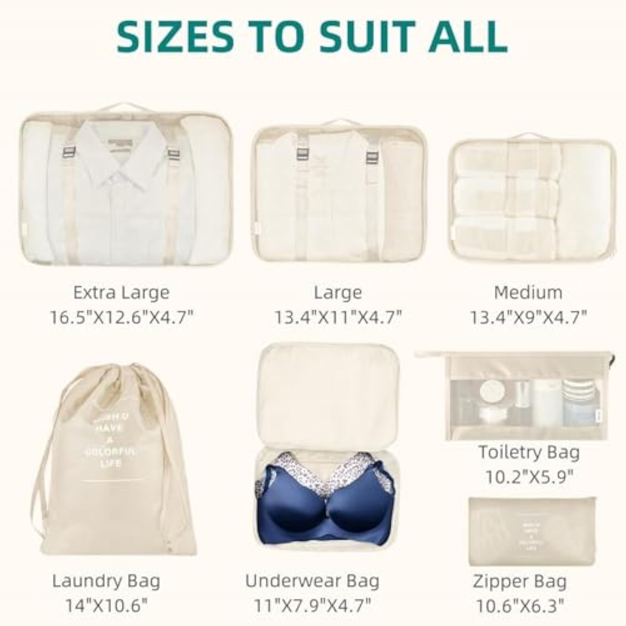 Travel Packing Cubes Set with Mesh Panels, Beige Fabric Organiser Bags