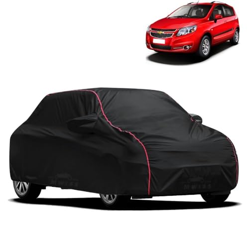 Image of Waterproof Car Cover for Chevrolet UVA | All-Weather Protection, Dustproof & UV Resistant | Triple Stitched Mirror Pockets, Windproof Buckle Strap with Elastic Hem, Black-Red Piping