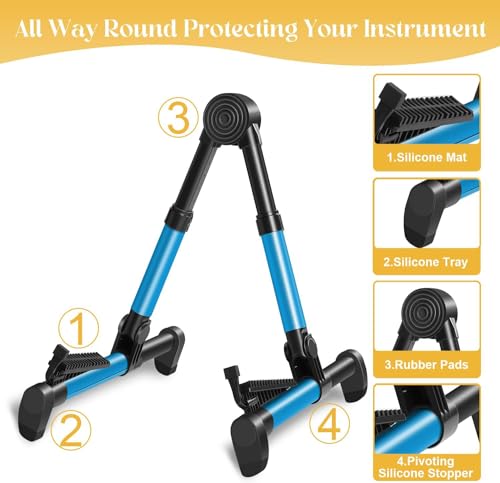 Image of Softline Pro Guitar Stand for Home, Folding Instrument Stand for Acoustic /Electric /Classical Guitars and Violin, Ukulele, Bass, Portable and Lightweight, Easy to fold (Blue), SP24-A