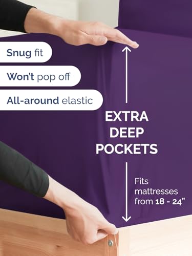 Image of Extra Deep Queen Fitted Sheet - Single Fitted Sheet Only - Purple | Easily Fits 18 inch to 24 inch Mattress, Soft, Wrinkle Free, Breathable & Comfy, Extra Deep Pockets Hotel Luxury Fitted Sheet