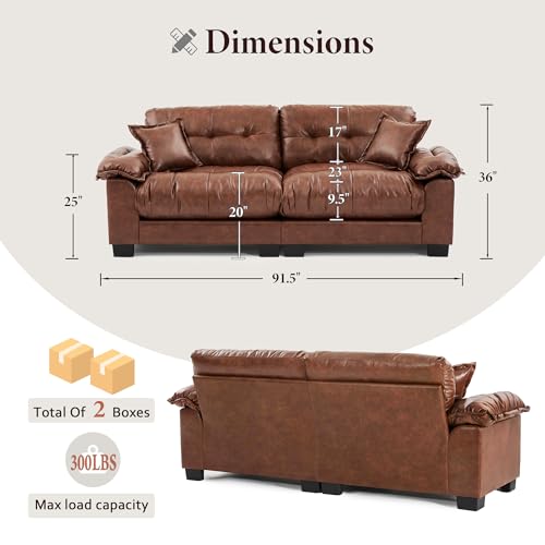 Image of Faux Leather Sofa, Mid Century Modern Deep Loveseats, Comfy Cloud Couch, Tufted Pillow Top Arm Furniture for Living Room, Apartment, Cognac Brown