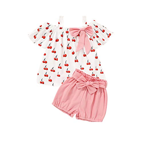 YOUNGER TREE Toddler Kids Girls Outfits Summer Clothes Off Shoulder Tank Tops Blouse Bowknot Shorts Pant Set (Cherry, 2-3 T)