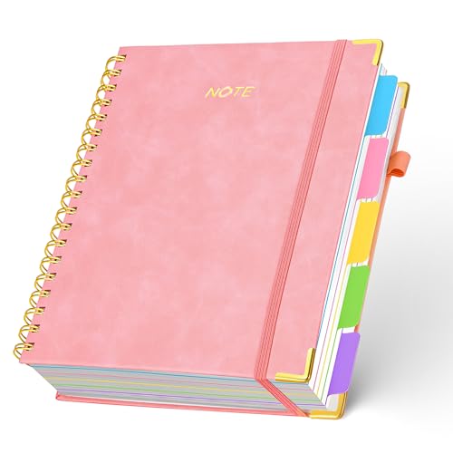FREBLASO 5 Subject Notebook with Removable Dividers Tabs 300 Pages Leather Hardcover Spiral Notebook College Ruled 8x10 Large B5 Notebooks for Work School Lined Journal for Women Pink