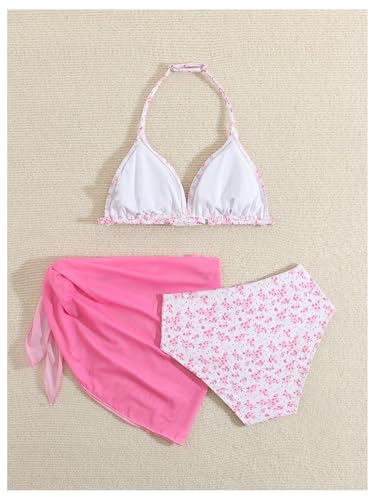 Image of Milumia Girl's 3 Piece Bikni Set Ditsy Floral Halter Swimsuit with Cover Up Skirts