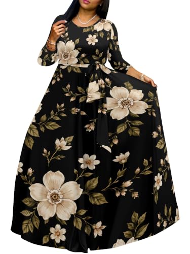Image of Women Plus Size Long Sleeve V Neck Maxi Dress with Belt | Soft fabric relaxed fit three quarter sleeve v neck with pockets for party and daily wear