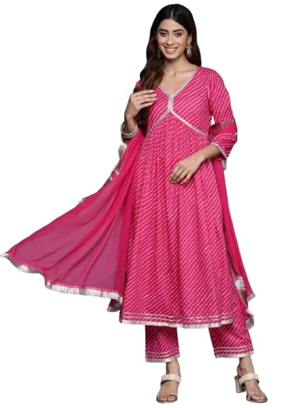 Kurta Femme Fuchsia Ensemble Tunique Indienne A-Line Dentelle et Dupatta
