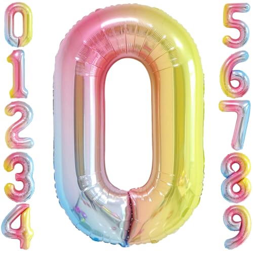 Image of Rainbow Gradient Number 0 Balloon 40 Inch Big Large Balloons 0-9 | 0th Helium Foil Mylar Number Balloons for Birthday Anniversary Party Decorations