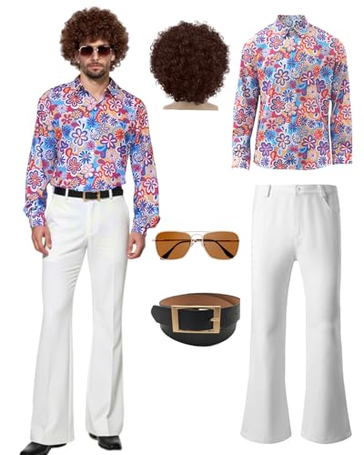 minkasic 70er Jahre Disco Kostüm Set Hippie Herren Outfit mit Schlaghose Hemd 80s Fasching Bekeidung für 50s 60s 70s Cosplay Halloween Party (Blau, L)