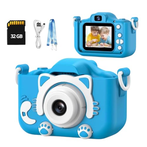 Câmera Digital Infantil 1080p + Cartão MicroSD 32 GB Incluso – Portátil, Recarregável, Tela LCD, Games, Antichoque – Presente Educativo para Crianças (Azul)