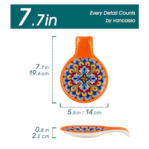 Image of vancasso 7.7 Inch Ceramic Spoon Rest Set of 2, Bohemian Spoon Holder, Light | Holds Spoons, Spatulas, Ladles, and Tongs, Bohemian Design, Stove Top and Countertop, Dishwasher and Microwave Safe Ceramic