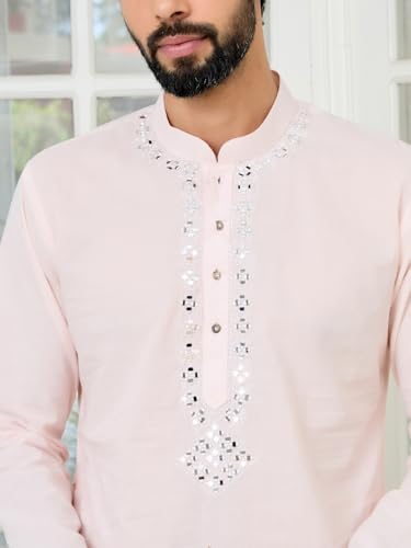 Image of See Designs Men's Full Sleeve Mandarin Collar Ethnic Motifs Embroidered Sequinned Mandarin Collar Straight Long Kurta with Pyjama - Festive Collection