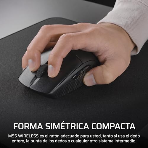 Miniatura 3 de Corsair M55 Wireless Ratón Ligero para Juegos FPS – Negro | 2.4GHz & Bluetooth, 24,000 PPP, Batería de Larga Duración, Seis Botones Programables, Empuñaduras Laterales Texturizadas