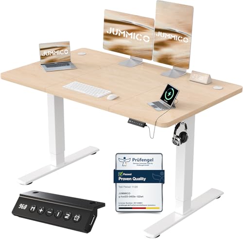 JUMMICO Scrivania Regolabile In Altezza Elettrica,120 x 60 cm,Pannello 6 Tasti Con 4 Memorie Di Altezza E Porta USB, Scrivania Da Computer Beige,Avviso Di Pausa Per Sedentarietà