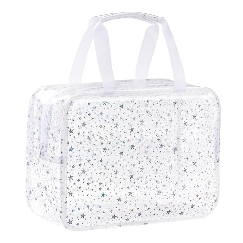 PVC Clear Makeup Bag for Women Waterproof Star Make Up Bag Toiletry Bag Travel Durable Cosmetic Bag Large Cute Tote Bag Organizer Makeup Pouch
