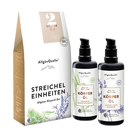 AllgäuQuelle® Organic Body Oil Set Stroking Units | Gift Set Natural Cosmetics | 2 x 100 ml Organic Body Oils Nourish Dry Skin with Sesame, Jojoba, Avocado and Shea | with Natural Essential Oils Cover