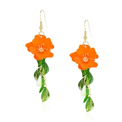 Summer Beach Flower Tassel Earrings for Women Boho Long Flower Dangle Floral Petals Drop Earring for Statement Vacation With Green Leaf
