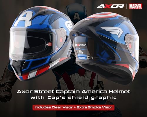 Image of Axor Street Marvel Captain America ISI ECE and DOT Certified Lightweight Full Face Helmet for Men and Women with Scratch and UV Resistant Dual Visors-Dull Blue Red White-L